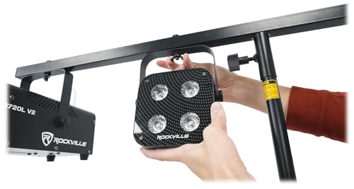 Rockville RVLS60 9-Foot Portable Tripod DJ Lighting T-Bar Stand with Bag | 60 lb Capacity, Extends to 9 Feet, Collapses to 45", Heavy-Duty Steel, 8 Hanging Bolts, Safety Pins, 42" T-Bar