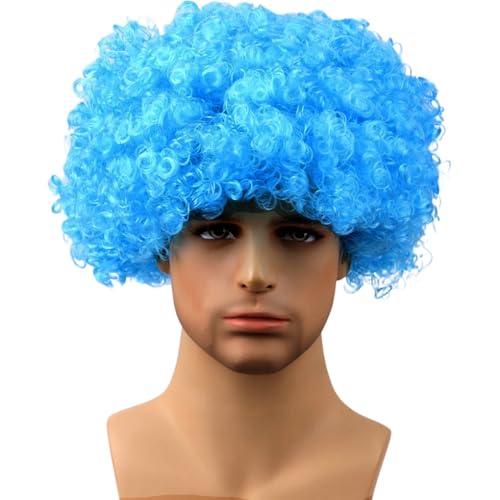 Funny Wigs for Women Men Light Blue Crazy Clown Wigs Fans Wig Short Afro Curly Costume Wig for Halloween Parties Cosplay Stage Performance Christmas Party Wig(Large Size,Light Blue) - color: Light Blue, size: Large Size