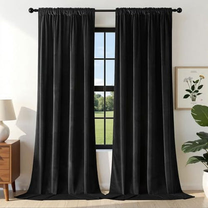 Joydeco Black Velvet Curtains 90 inch Length 2 Panels, Luxury Blackout Rod Pocket Thermal Insulated Window Curtains, Super Soft Room Darkening Drapes for Living Dining Room Bedroom,W52 x L90 inches - color: Rod Pocket | Black, size: 52"W x 90"L (Pack of 2