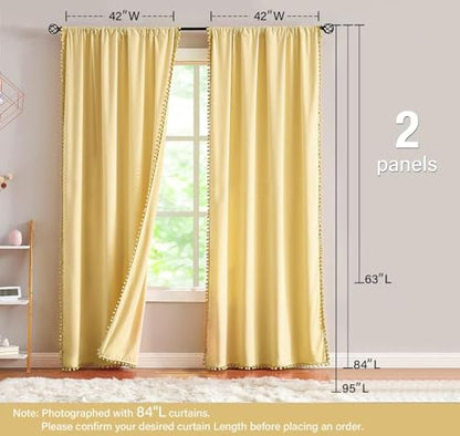 Pom Pom Velvet Curtains for Kid's Bedroom Yellow 42x84" Living Room Drapes - color: Pom Pom- Yellow, size: 42"W x 84"L (Pack of 2)