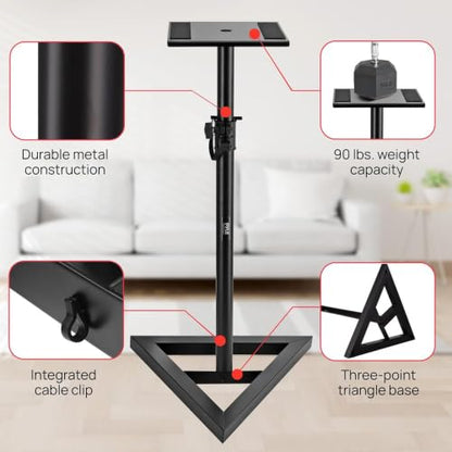 Pyle Speaker Stand Pair of Sound - Play 1 and 3 Holder, Telescoping Height Adjustable from 26” - 52” Inch, High Heavy Duty Three-point Triangle Base w/ Floor Spikes and 9” Square Platform, Black