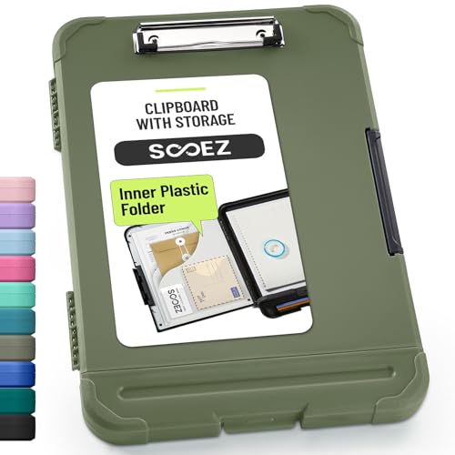 Sooez Reinforced Clipboard with Storage, Inner Plastic Folder Attached, Heavy Duty Plastic Clip Boards 8.5x11 with Pen Holder, High Capacity Nursing Clipboard for Teacher Office Home, Letter / A4 Size - color: Green
