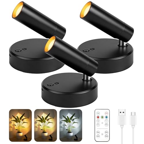 6000mah Rechargeable Spotlight Indoor, 3 Pack Wireless Lighting with Remote | Battery Operated Uplight with 3-CCT,10-Level Dimming,Timer,Spot Lights for Plant,Picture,Art,Gallery,Accent,Wall Decor, Black - color: Black