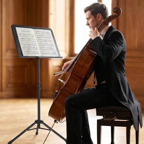 AODSK 5 in 1 Dual-Use Folding Sheet Music Stand & Desktop Book Stand, Adjustable Height Portable Music Stand with Carrying Bag, Sheet Music Clip & Book, for Home School Band, Black
