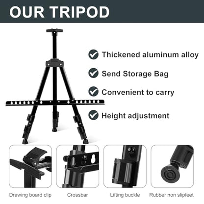 AROIC 17-66 in Art Easel Stand, Aluminum Tripod for Table Top & Floor | Portable Adjustable Display Easel for Canvases Painting with 1 Storage Bag | Studio, Hobby & Professional Artist Easels - style: 1P