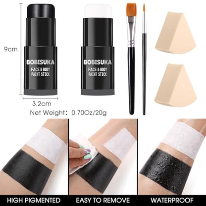 BOBISUKA Black & White Painting Kit - 2 Face Body Paint Sticks with 2 Paintbrushes & 2 Sponges Halloween Makeup Set for Clown Skeleton Skull Cosplay Special Effects Costume SFX , Eye Black for Sports - color: Black, White with Brushes + Sponges Set