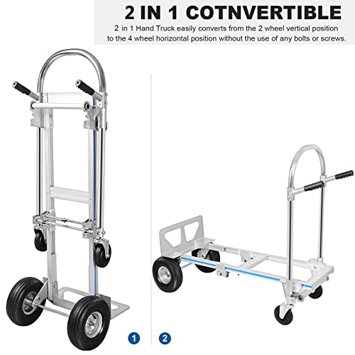 2 in 1 Aluminum Hand Truck, Industrial Convertible Hand Truck and Dolly 1000 LBS Capacity, Heavy Duty Hand Truck Flatform Cart with 10" Hi Tech Rubber Wheels