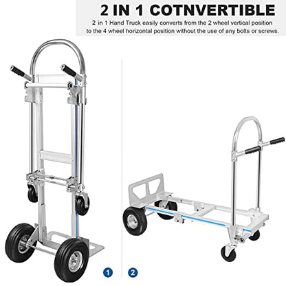 2 in 1 Aluminum Hand Truck, Industrial Convertible Hand Truck and Dolly 1000 LBS Capacity, Heavy Duty Hand Truck Flatform Cart with 10" Hi Tech Rubber Wheels