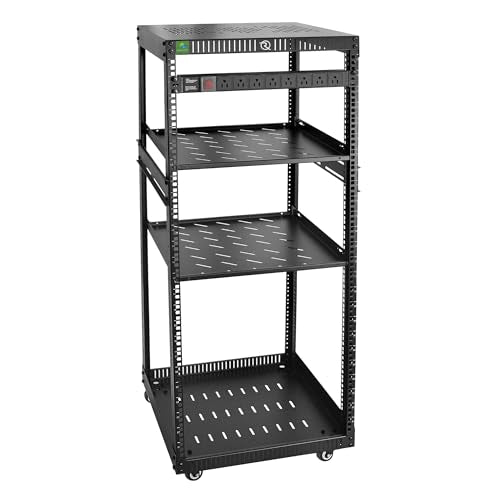 RIVECO 25U Network Rack with Reinforced Top Cover - 4 Post Floor Rack on Wheels for 19" Equipment & Stereo Gear- Including Mount Power Strip & 2PCS 1U Shelves - size: 25U