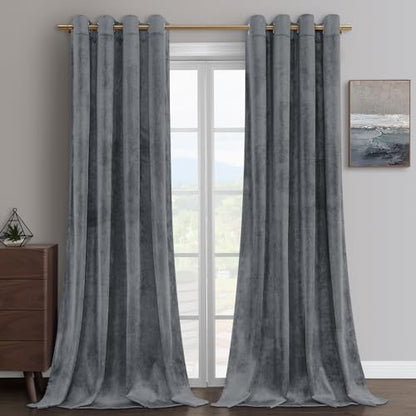 HOMEIDEAS Grey Velvet Blackout Curtains, 52 x 96 Inches Long Heavy Duty Gray Thermal Insulated Grommet Window Drapes for Living Room, Bedroom, 2 Panels - color: Grommet-grey, size: 52"W x 96"L (Pack of 2)