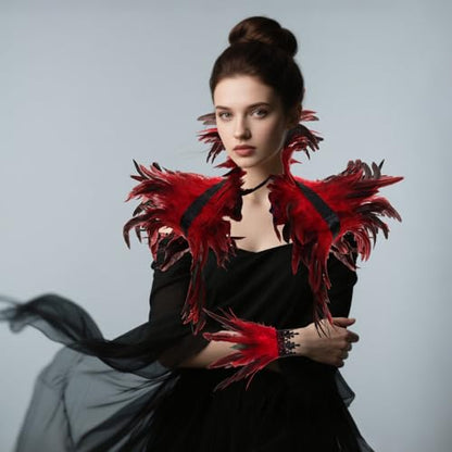 2Pcs Witch Feather Shawl Wrist Cuff for Women | Gothic Crow Shrug Shawl, for Halloween, Feather Costume Accessories - color: Red