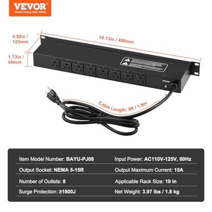 VEVOR 8 Outlet Horizontal 1U Rack Mount PDU Power Strip for Network Server Racks, Surge Protection & Overload Protection, 110-125V/15A, with 6ft 14AWG Power Cord - style: 8 Outlet-Individual Switches