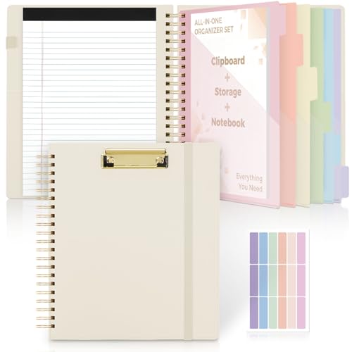 SKYDUE Storage Clipboard Folder with 6 Dividers & Refillable Notepad | 6 Dividers with 12 Pockets for Letter Size, A Snap-seal Letter size Pouch,Spiral Clipboards Padfolio for Teacher Worker Nurse - color: Beige