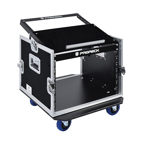 PRORECK 8U Rack/Road Case With Slant Mixer Top, And Casters, 20'' Rackable Depth, Plywood, 8U Installation Size, Pro Stage Performance. - size: 8U/Casters