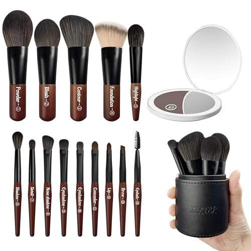 Jilier 14 pcs Mini Makeup Brushes and Pocket Mirror, Travel Makeup Brush Set, LED Compact Mirror with Light, Travel Size with Case, Portable for Handbag, Travel Essentials for Women - color: Brown-Led Mirror