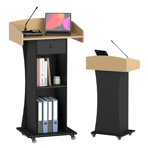 Podium Stand with Metal Wheels Wooden Lectern Podium Stand Portable Pulpit Standing with Storage Mobile Reception Podiums for Church Office School Conference Restaurant Meeting,Wood+Black - color: Black&wood
