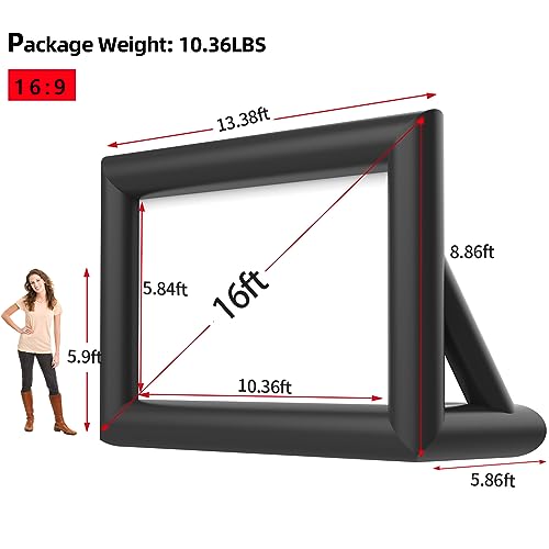 Inflatable Projector Screen, 16FT Blow Up Movie Screen Outdoor Projector, Easy Set Up One-piece Design Front & Rear Projection with Air Blower for Outside Backyard Family Movie Night Pool Party - size: 16FT