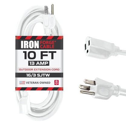 Iron Forge Cable 16 Gauge Heavy Duty White Extension Cord, 10 Ft - SJTW | 16/3 SJTW Cable, 3 Prong Grounded Plug, 13 Amp - For Landscaping, Leaf Blowers, Lights, Appliances - size: 10 Foot
