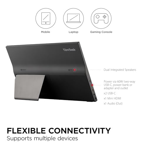 ViewSonic VA1655 16 Inch 1080p Portable Monitor, FHD IPS External Screen | USB C, Mini HDMI, Eye Care, Built In Stand, Protective Case, Macs, PCs, Home Office, Travel, Portrait Landscape, 60W Charging - size: 16-Inch 60Hz