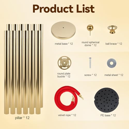 6Pcs Golden Stanchion Posts with 4 Red Velvet Ropes,Crowd Control Barriers for Birthday High-end Venues,Water/Sand/Concrete Fillable Leakproof Base,Easy to Assemble Golden