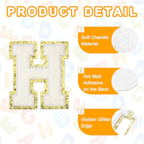 MECCANIXITY Chenille Letter Patches 3.1" Alphabet H Iron on Embroidered Patch Sew on Letter Stickers Applique for Repairing Clothing Jeans Shoes Hats DIY(White, Pack of 4) - style: Letter-H