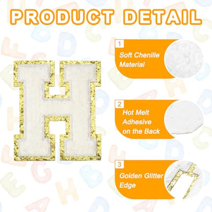 MECCANIXITY Chenille Letter Patches 3.1" Alphabet H Iron on Embroidered Patch Sew on Letter Stickers Applique for Repairing Clothing Jeans Shoes Hats DIY(White, Pack of 4) - style: Letter-H