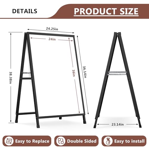 A Frame Sign 24x36 Inch Sandwich Board, Heavy Duty Double-Sided Folding Sidewalk Signboard, Slide-in Steel Metal Frame Sign Display Holder for Outdoor & Indoor Street Poster, Businesses, Advertising