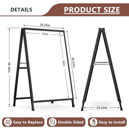 A Frame Sign 24x36 Inch Sandwich Board, Heavy Duty Double-Sided Folding Sidewalk Signboard, Slide-in Steel Metal Frame Sign Display Holder for Outdoor & Indoor Street Poster, Businesses, Advertising