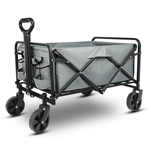 Yesker Foldable Wagon - 220lbs Collapsible Garden Carts with All Terrain Wheels for Outdoor Camping Sports Shopping Gardening - Heavy Duty Portable Utility Trolley (Gray) - color: Gray, size: 27*18*17"
