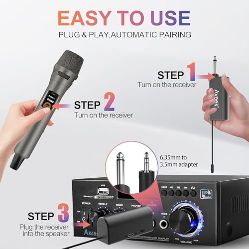 Aveek 4-Pack Wireless Microphone Set,100 ft Range,10Hs Battery for Karaoke | Rechargeable Receiver and Mics, Clear Sound, Noise Cancellation, Amps Via 6.35/3.5mm, for Church, Party, Wedding, DJ & Events - color: Brown