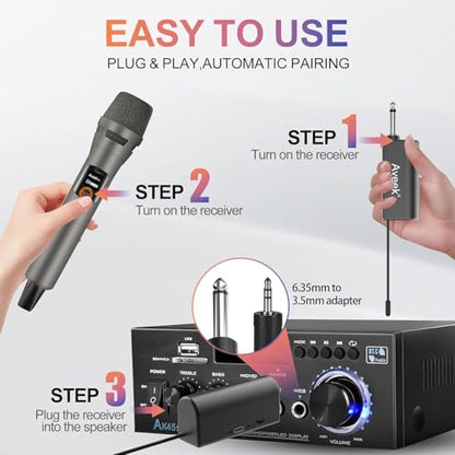 Aveek 4-Pack Wireless Microphone Set,100 ft Range,10Hs Battery for Karaoke | Rechargeable Receiver and Mics, Clear Sound, Noise Cancellation, Amps Via 6.35/3.5mm, for Church, Party, Wedding, DJ & Events - color: Brown
