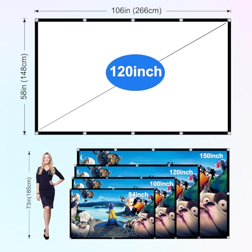Projector Screen 120 inch，Portable Movie Projector Screen 16:9 HD Indoor Outdoor Double Sided Rear Projection Screen Video for Home, Party, Office, Classroom - size: 120 inch