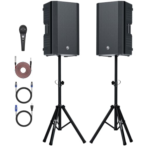NBVOICE Dual 12 Inch 300W RMS Active Passive PA Speaker System, Portable Bluetooth DJ Party Speaker with 35mm Titanium Tweeter, Built-in DSP EQ, Wired Microphone & Speaker Stands