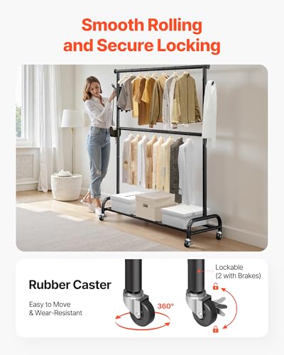 VEVOR Clothes Rack, Rolling Clothing Garment Rack with Adjustable Crossbar and Side Hooks, 150 lbs Load Capacity, Heavy Duty Carbon Steel Clothing Racks with Wheels for Bedroom, Laundry, Living Room