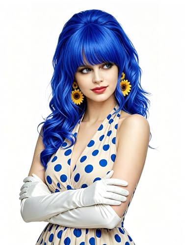 Rugelyss Long Wavy Blue Wig with Bang Big Bouffant Beehive Wigs for Women fits 80s Costume or Halloween Party - color: Blue