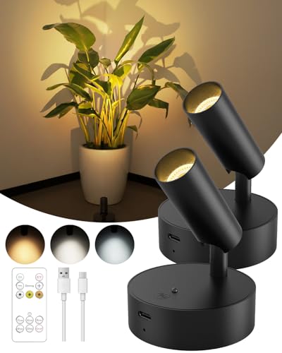 Spotlights Indoor with Remote, 3000Mah Rechargeable Wireless Plant Light | Up Lights with 3 Colors & Dimmer, Small LED Picture Lights for Painting, Artwork, Accent Lighting, 2 Pack Black - color: Black-3000mAh