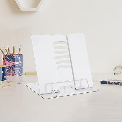 MSDADA Small Desk Book Stand Metal Reading Rest Book Holder | Adjustable Cookbook Documents Holder Portable Sturdy Bookstands for Recipes Textbooks Tablet Music Books(White) - color: White