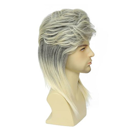 Men's 80s Mullet Wig, Rocker Style Wig Made of Heat-Resistant Synthetic Hair, Perfect for Halloween Costumes, 80s Themed Parties, Cosplay and Daily Wear (Blonde Mix Black) - color: m2058-Blonde Mix Black