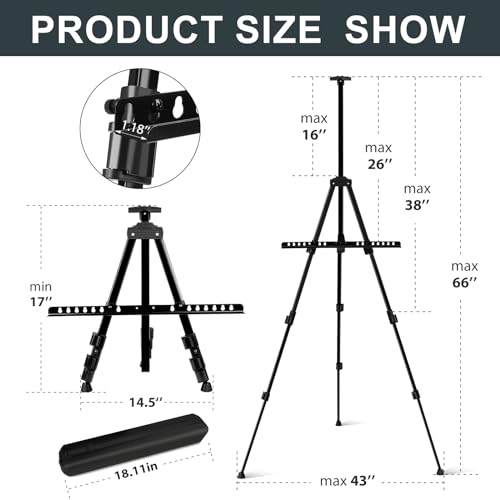 AROIC 17-66 in Art Easel Stand, Aluminum Tripod for Table Top & Floor | Portable Adjustable Display Easel for Canvases Painting with 1 Storage Bag | Studio, Hobby & Professional Artist Easels - style: 1P