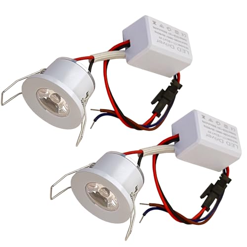 2Pack 1W Mini Spotlights Indoor Recessed Ceiling Showcase Display Under-Cabinet Lights Fixture with AC 110V/220V to DC 3-12V LED Driver Power Supply 3000K Warm-White Lighting White-Shell - color: White