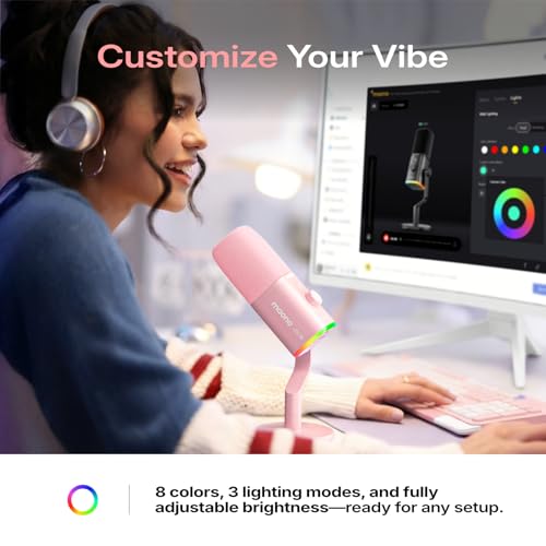 MAONO PD100W USB Wireless Dynamic Microphone for PC, Gaming Streaming Podcast Mic with Noise Reduction,Custom RGB, Mute，Volume Control, Computer Boom Mic for Vocal Recording, Pink