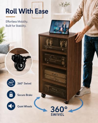 4-Tier Walnut Media Cabinet with Glass Door & Adjustable Shelves | 198 lb Capacity, Clear Tempered Glass with Metal Frame, Ventilated Design, Cable Management, and Locking Caster Wheels - color: Walnut, size: 4-tier