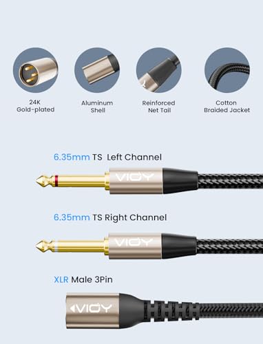 VIOY XLR to Dual 6.35mm Cable 15 FT, Balanced 1/4 TS to XLR Male Mic Cord | multi-layer shielding noise reduction, nylon braided balanced cord splits single mono signal into two mono outputs - size: 15FT
