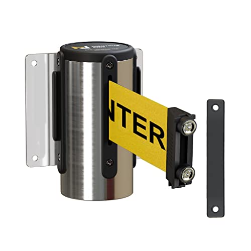 Montour Line WM115 Wall Mounted Retractable Belt Barrier with Magnetic Belt End, Magnetic Mount, Polished Stainless Steel Casing (8.5 ft Yellow with"Caution - DO NOT Enter" Black Letters Belt) - color: Yellow With "Caution - Do Not Enter" Black Letters, s