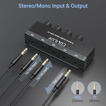 Cubilux 4-Channel 3.5mm Audio Mixer, Ultra-Low-Noise Mini Audio Mixer for Sub-Mixing, 1/8 TS/TRS Input, Stereo Switcher Suitable for Guitars, Bass, Keyboards