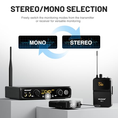 MELONARE Wireless IEM System Stereo/Mono 61 미터 SD-1-2R | 바디팩 수신기 2개, 이어폰, 10개의 가변 주파수, 61m 범위, 음악가, 밴드, 스튜디오