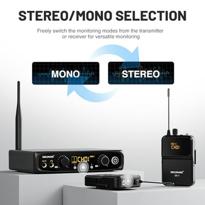 MELONARE Wireless IEM System Stereo/Mono 61 미터 SD-1-2R | 바디팩 수신기 2개, 이어폰, 10개의 가변 주파수, 61m 범위, 음악가, 밴드, 스튜디오