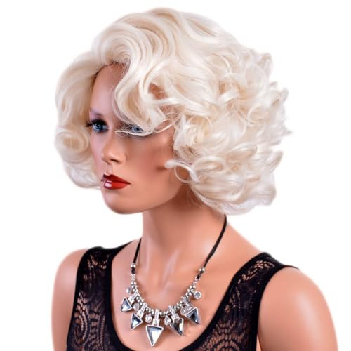 12" Short Big Curly Wavy Wigs for Women Cosplay Layered Platinum Blonde Wig | Halloween Costume Set with Platinum Blonde Wig+Stud Earrings+White Gloves Accessories Coser Party Prom Synthetic Hair - color: Platinum Blond+Set