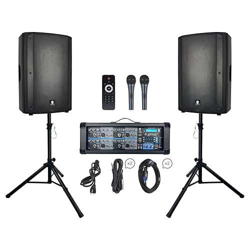 3000W Bluetooth PA Speaker System with 8-Channel Powered Mixer, 2 15-Inch Passive Speakers, Stands, Reverb Effects, 15V Phantom Power. Perfect for DJs, Bands, Karaoke, Live Events.