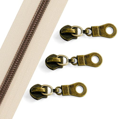 Sawoake 10 Yards Bulk Zipper(#5), Beige Nylon Coil Zipper with Antique Brass Teeth by The Yards, Replacement Sewing Zipper with 10PCS Zipper Sliders for DIY Sewing Craft Bags(#5 Antique Brass Beige) - color: AntiqueBrass-Beige